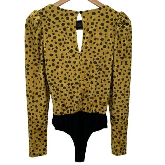 4SI3NNA Gold Leopard Velvet Bodysuit Long Puff Sleeves Front Cutout Women Medium - Picture 4 of 10